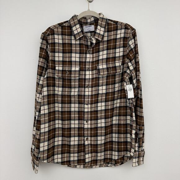 New Men’s Old Navy Double Brushed Button Down Flannel Brown Plaid Cotton Shacket - Picture 1 of 5